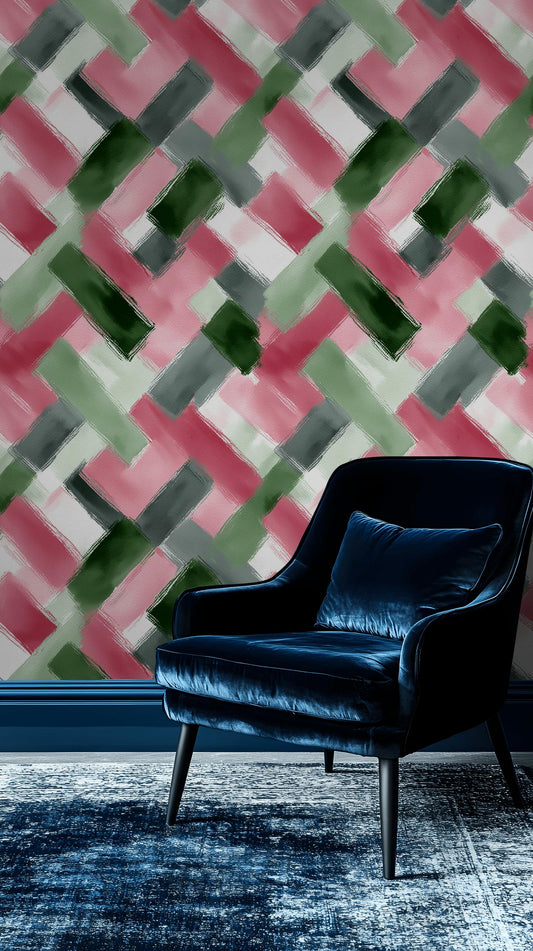 Abstract Brushstroke Wallpaper | Modern Pink Green Wall Mural | Geometric Pattern Peel and Stick Decor