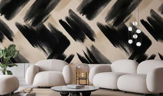 Abstract Brush Stroke Wallpaper | Modern Black White Wall Mural | Artistic Peel and Stick Decor