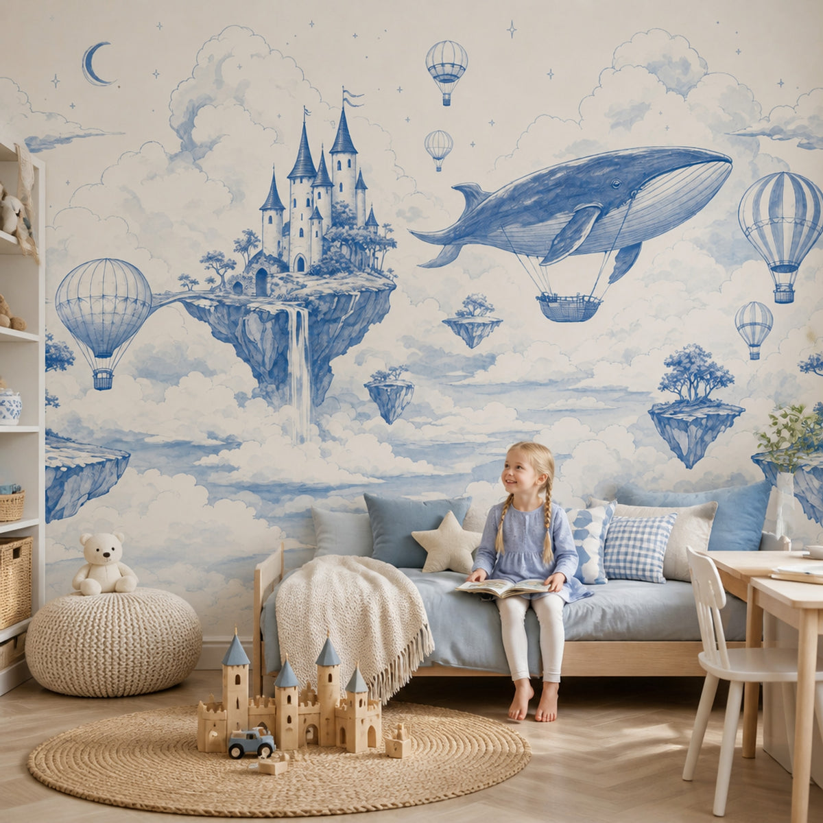 Blue Toile Wallpaper Fantasy Landscape Wall Mural Floating Islands
