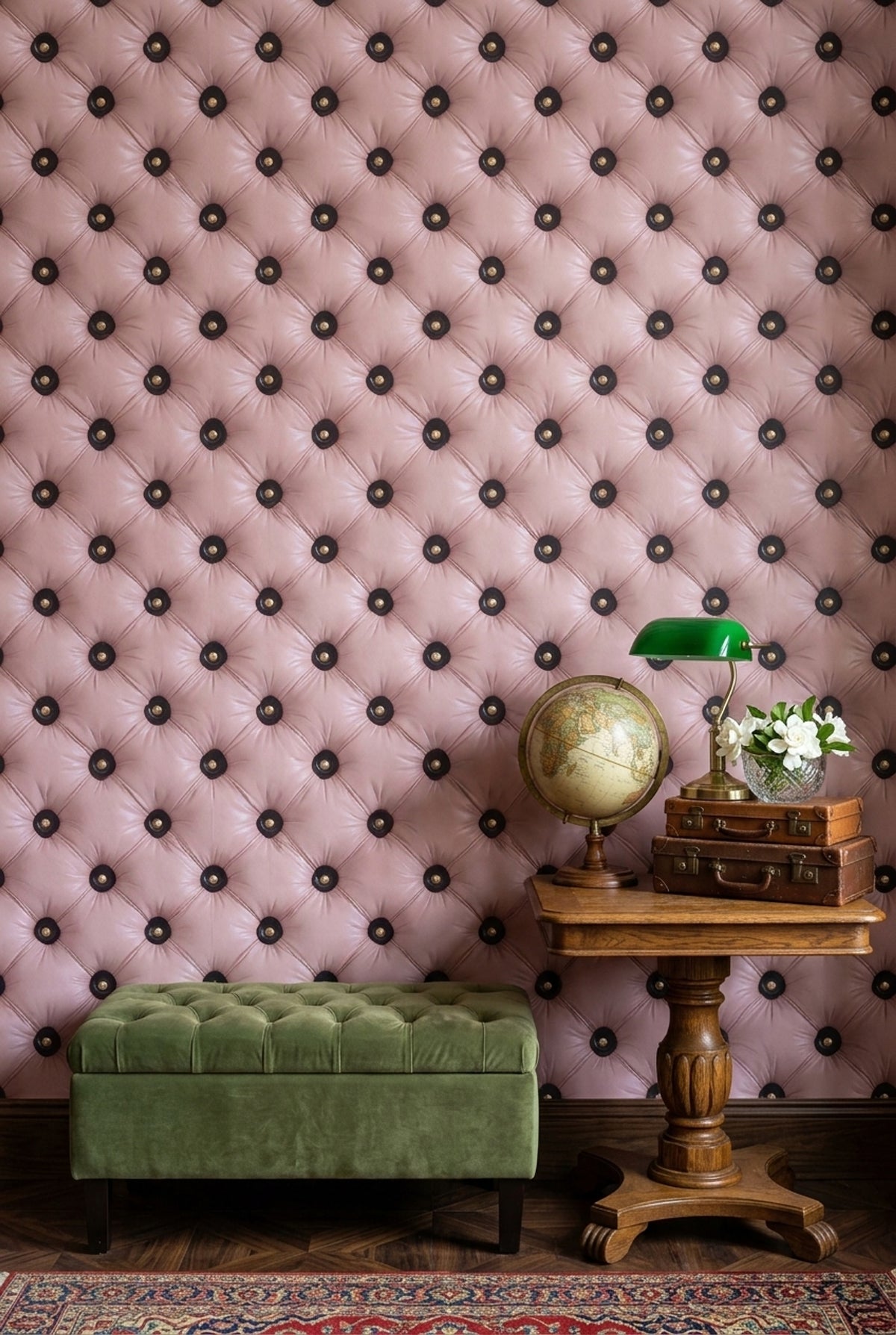 Blush Pink Tufted Wallpaper Button Diamond Pattern Glam Wall Decor