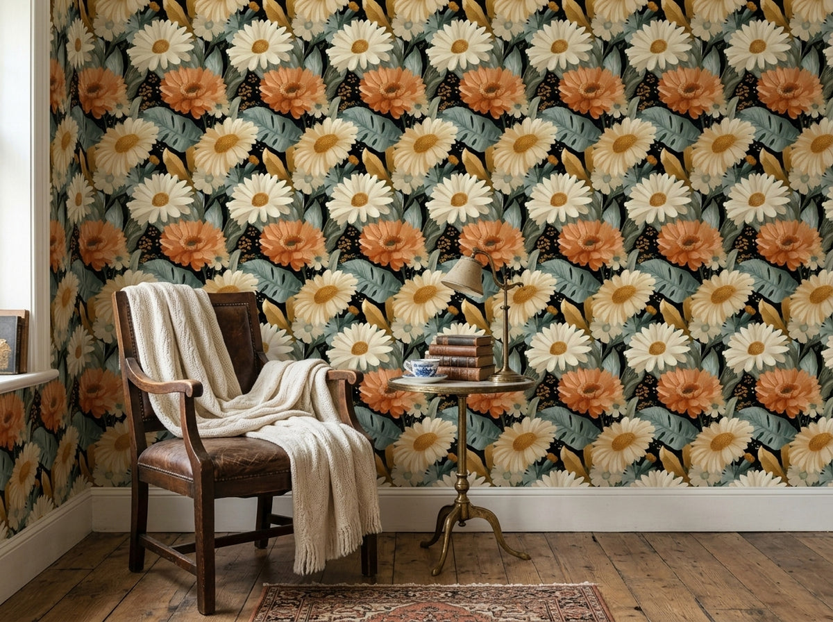 Daisy Floral Wallpaper Large Terracotta Botanical Garden Pattern