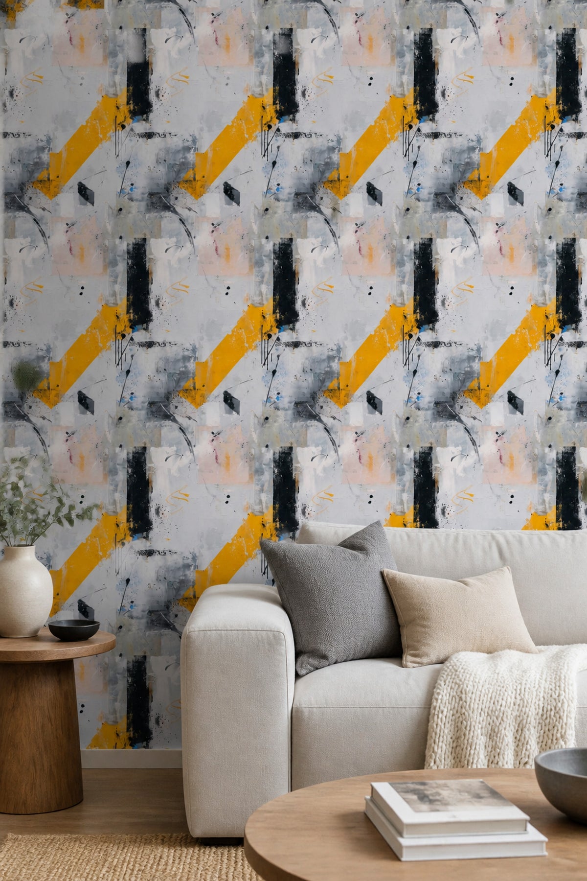 Abstract Wallpaper Yellow Black Modern Art Brushstroke Contemporary Pattern