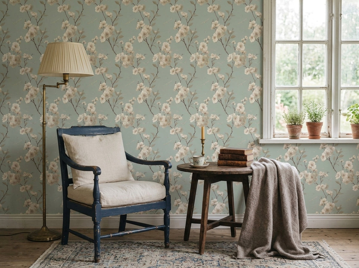 Blossom Branch Wallpaper Birds Sage Green Chinoiserie Pattern