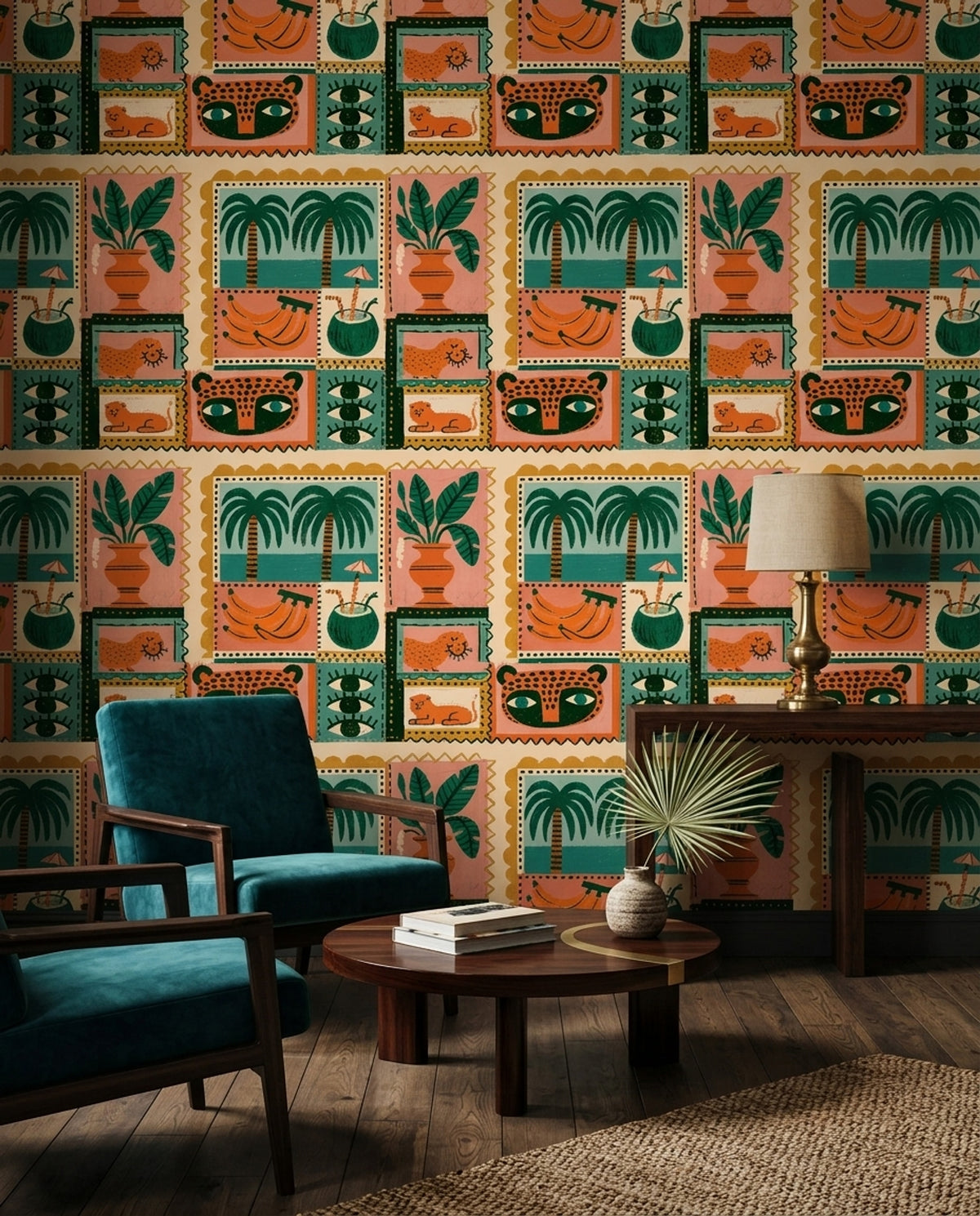 Tropical Folk Art Wallpaper Playful Jungle Collage Pattern