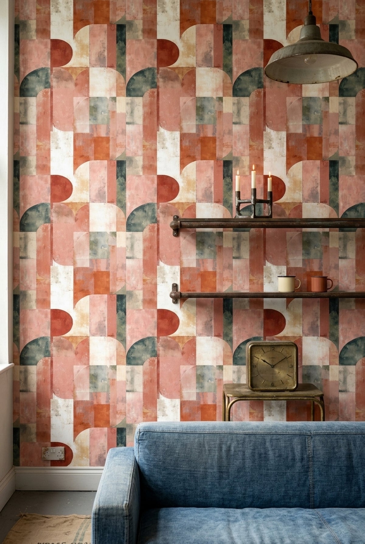 Terracotta Geometric Wallpaper Bauhaus Arch Pattern Mid Century Modern Decor