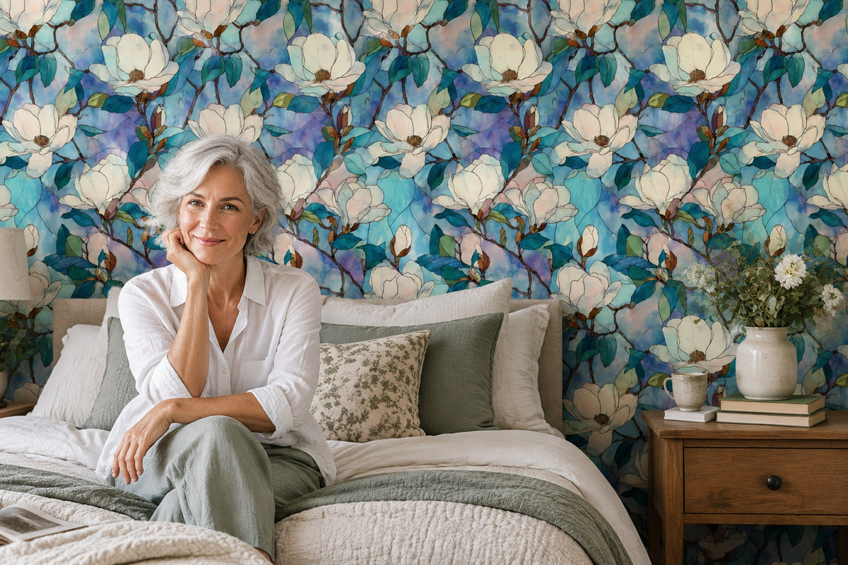 Magnolia Wallpaper Blue Watercolor Floral Pattern White Flowers Teal Leaves