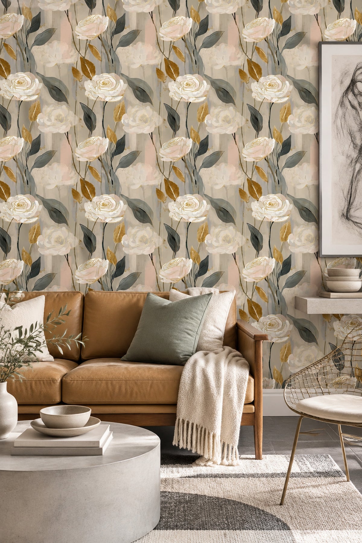 Blush Pink Rose Wallpaper Gold Accents Modern Botanical Floral Decor