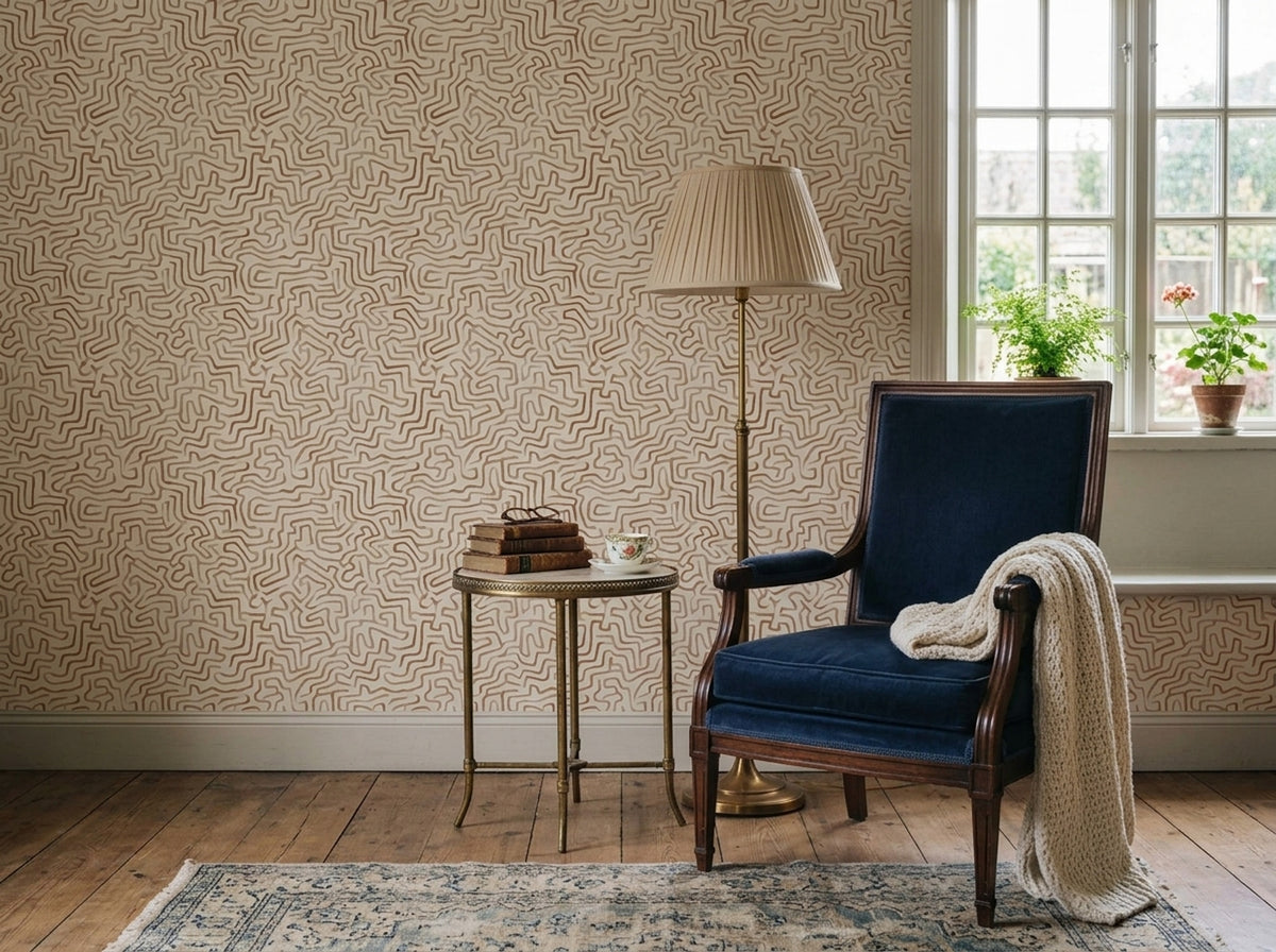 Abstract Maze Wallpaper Hand Drawn Tan Linework Organic Modern Neutral Decor