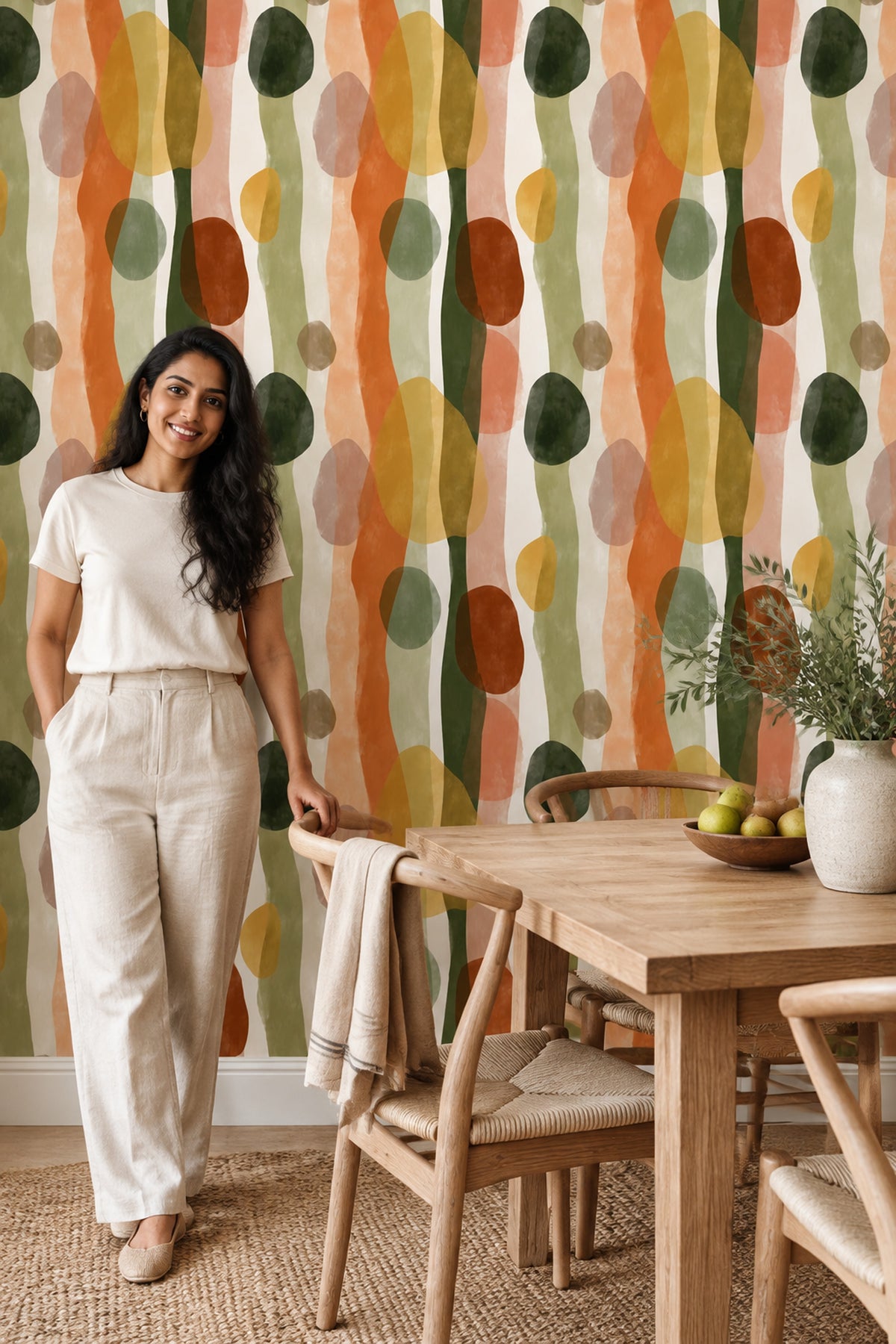 Organic Abstract Wallpaper Olive Green Burnt Orange Vertical Waves