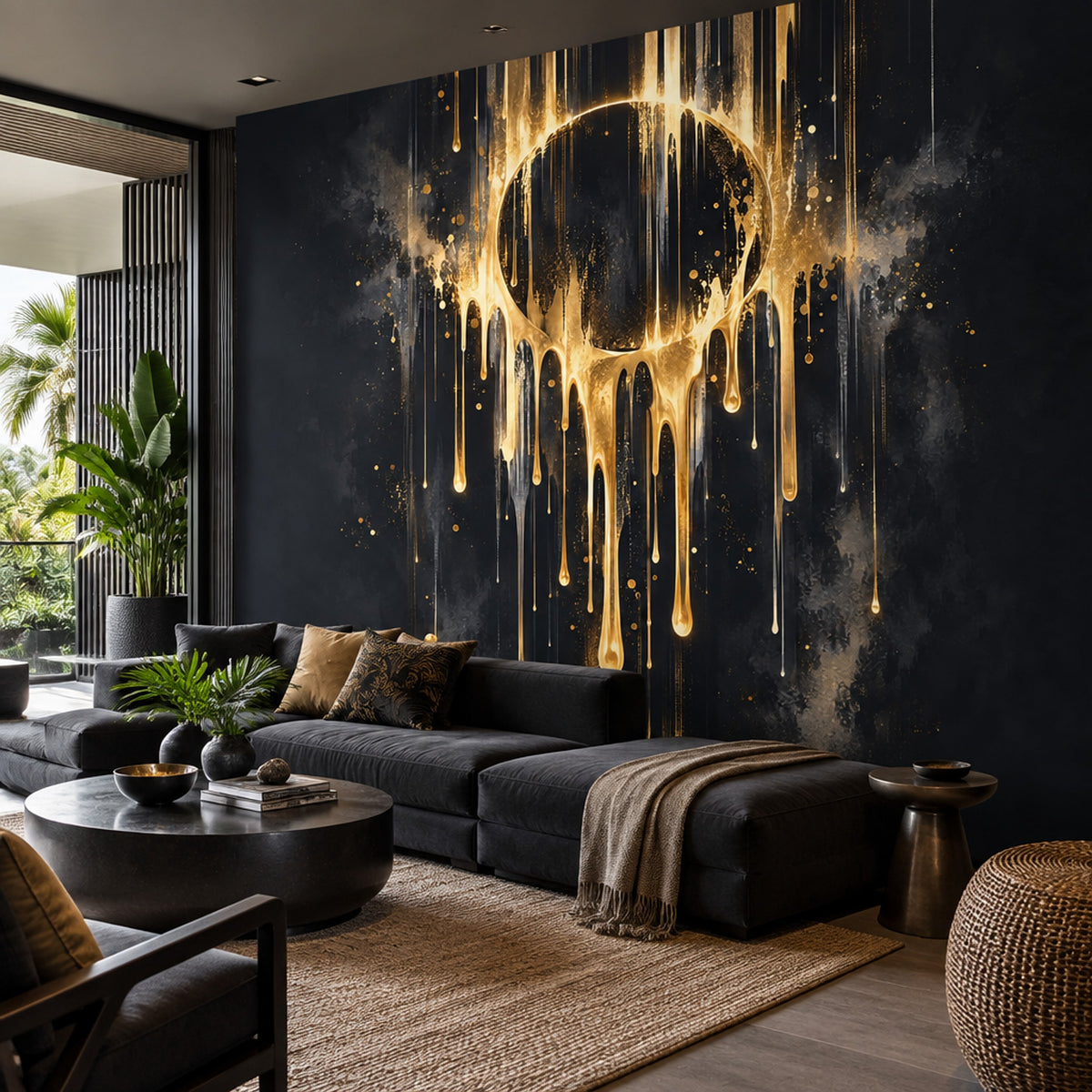 Metallic Gold Drip Skull Wall Mural Black Background Dark Luxury Decor