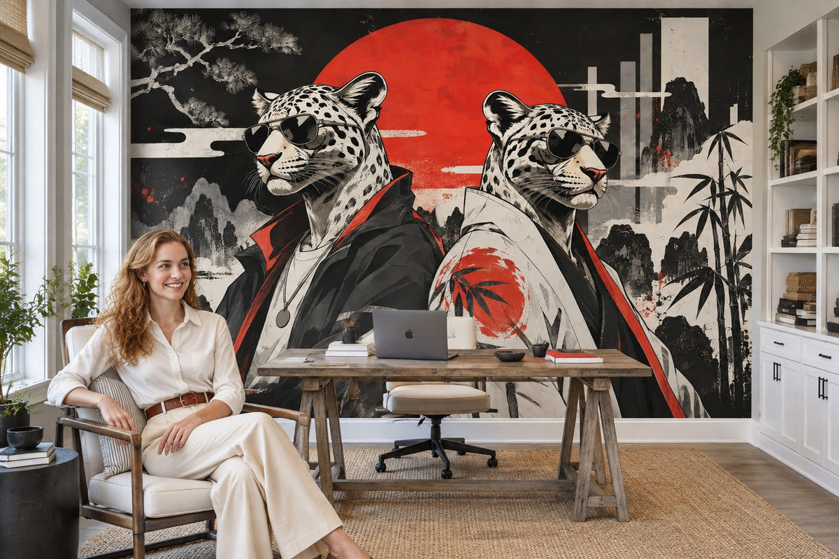 Snow Leopard Wall Mural Streetwear Red Sun Ink Wash Urban Art