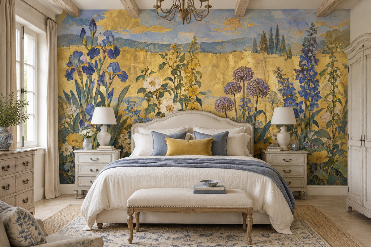 Blue Iris Garden Wall Mural in Antique Gold