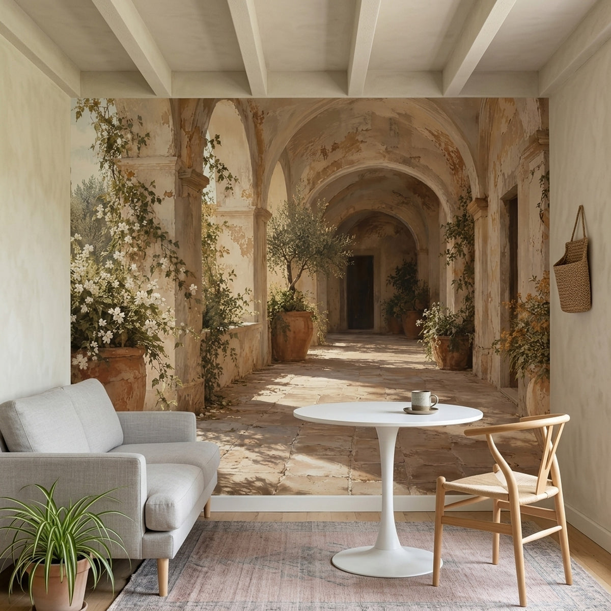 Tuscan Villa Wall Mural with Sunlit Arches and Terracotta Pots