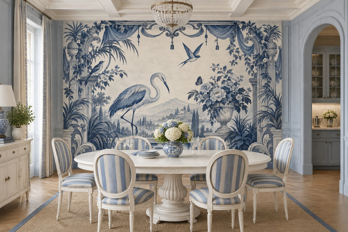 Heron Garden Scene Wallpaper Ornate Columns Wall Mural