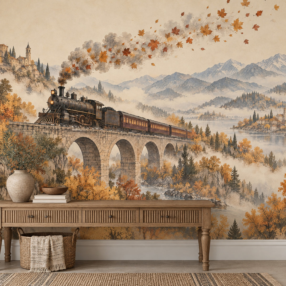 Autumn Steam Train Wallpaper Stone Viaduct Wall Mural