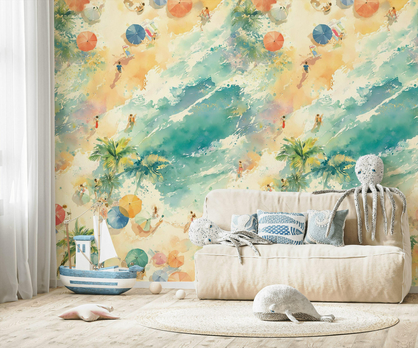 Aerial Beach Scene Wallpaper | Watercolor Coastal Wall Mural | Summer Peel and Stick Decor