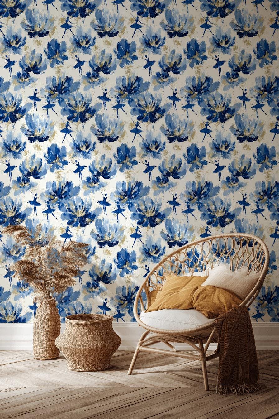 Blue Ballerina Wallpaper, Gold Accented Abstract Floral Mural, Peel & Stick or Unpasted Vertical Panel