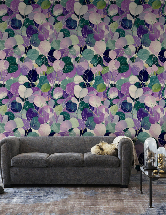 Watercolor Leaf Peel and Stick Wallpaper: Purple Green Botanical Wall Mural