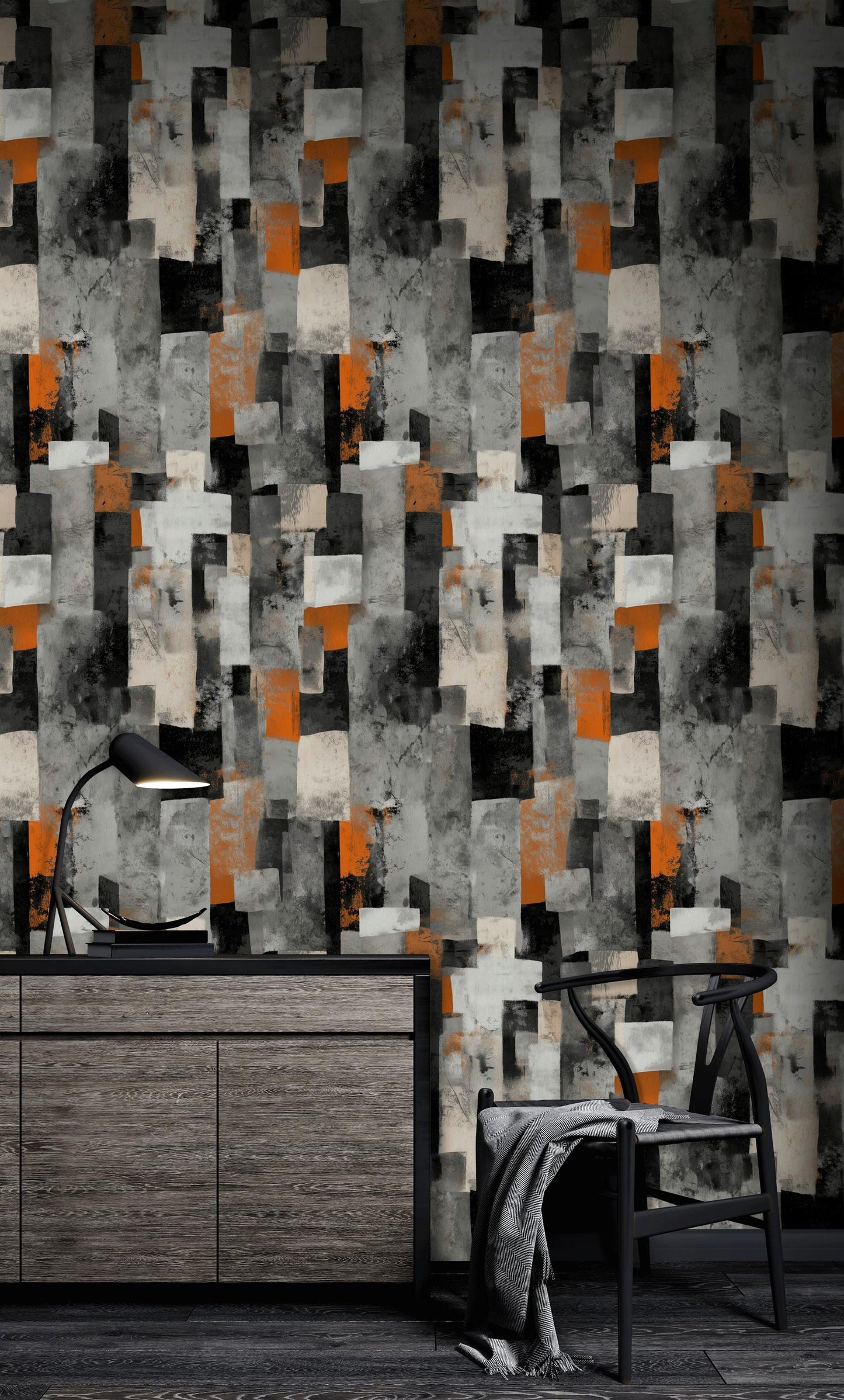 Geometric Block Wallpaper Mural: Orange, Grey, Black Peel and Stick Art