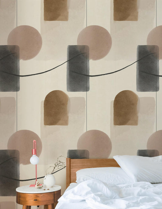 Abstract Geometric Wallpaper, Minimalist Wall Mural, Neutral Tones Peel and Stick Decor