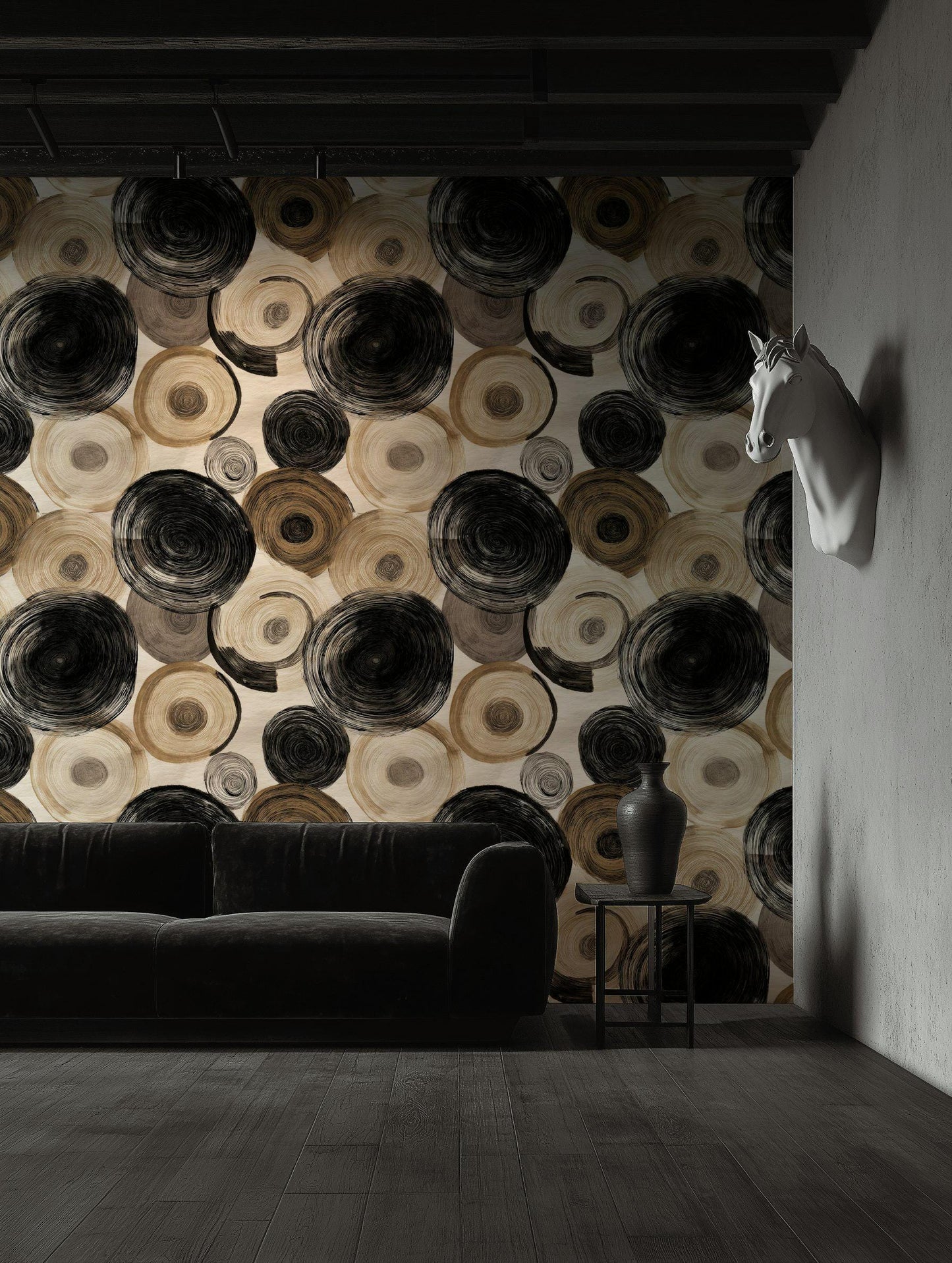 Abstract Swirl Wallpaper Mural: Black Espresso Circles, Hand-Painted Art (Peel & Stick or Unpasted)