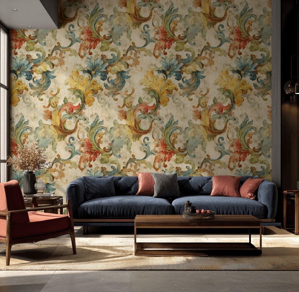 Baroque Scroll Wallpaper, Distressed Pastel Floral Mural, Peel & Stick or Unpasted Vintage Panel