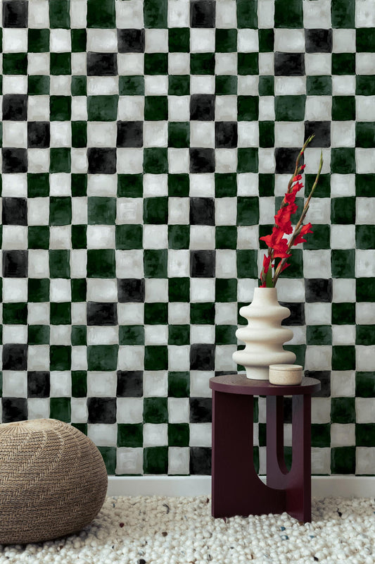 Hand-Painted Checkerboard Wallpaper | Rustic Farmhouse Wall Mural | Green Plaid Peel and Stick Decor