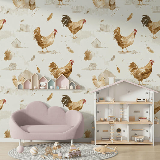 Farmhouse Rooster Chicken Wallpaper | Rustic Country Wall Mural | Watercolor Peel and Stick Decor
