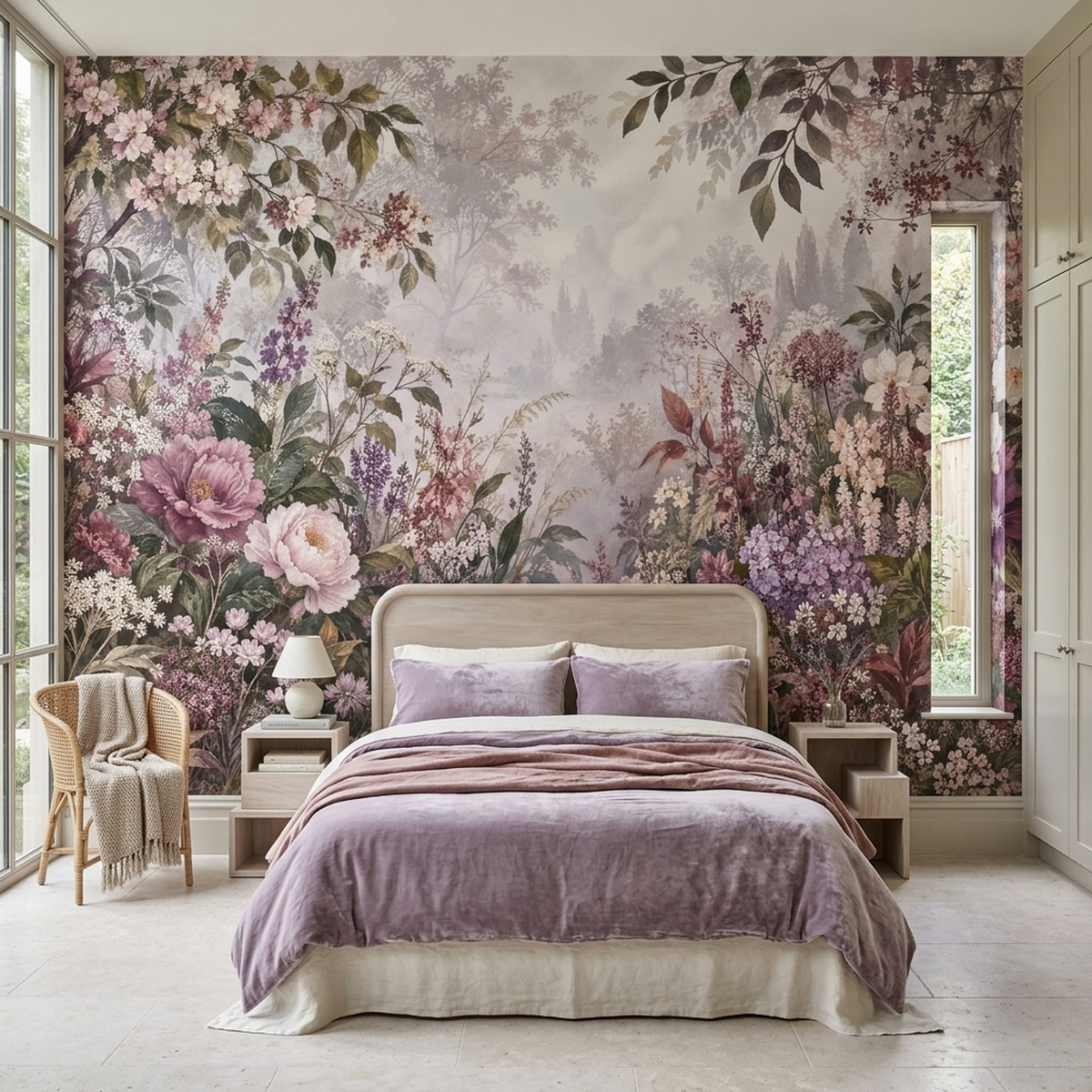 Blush Pink Floral Wallpaper Misty Forest Botanical Wall Mural