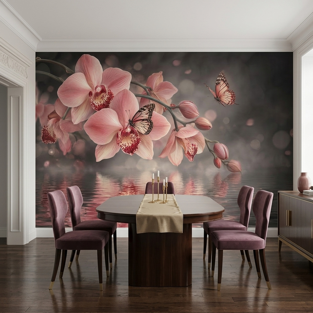Pink Orchid Wallpaper Misty Water Reflection Wall Mural