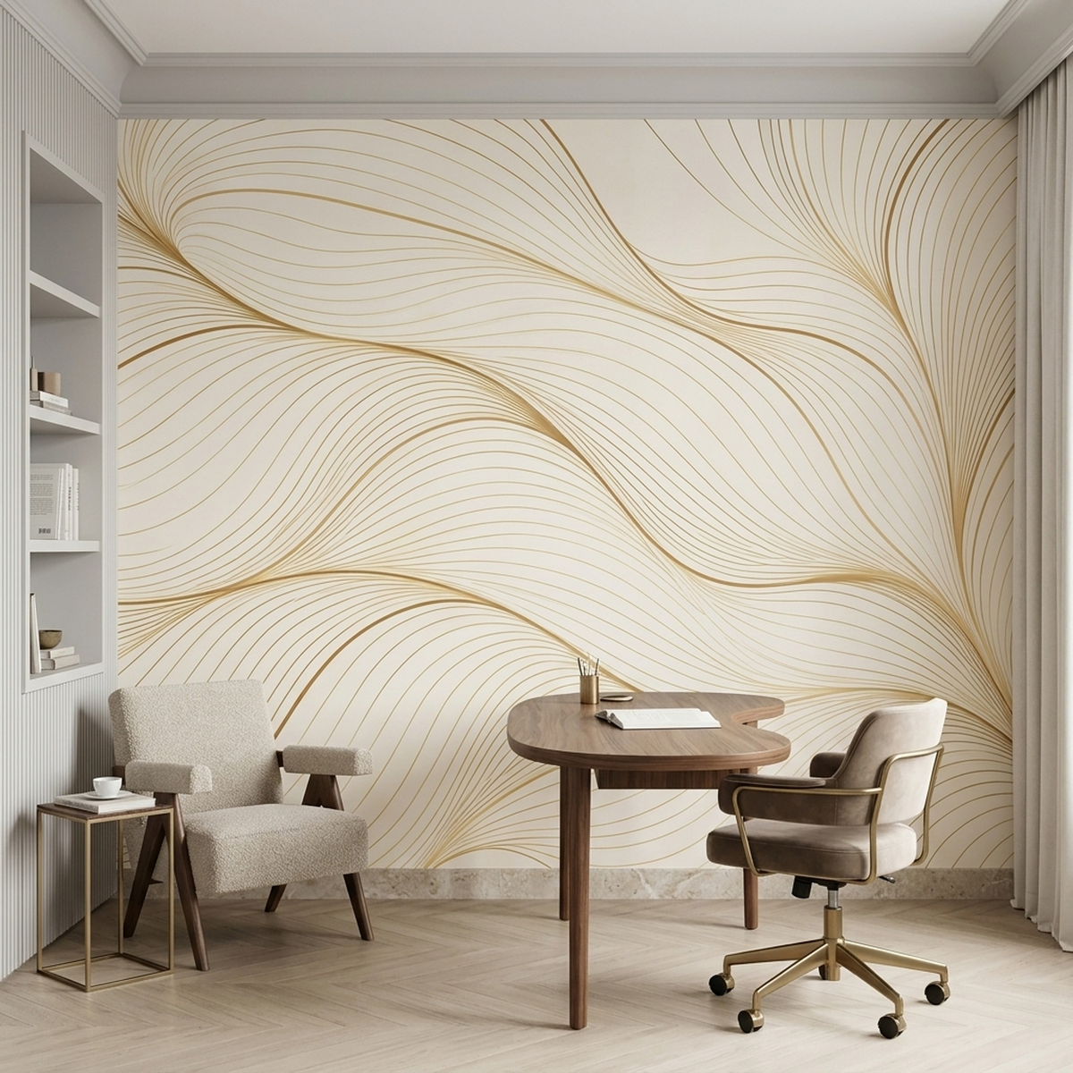 Flowing Gold Linework Wallpaper Neutral Luxury Wall Mural