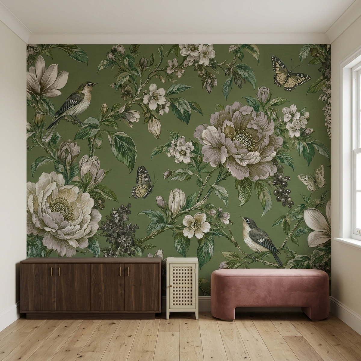 Botanical Blossoms And Birds Wallpaper Vintage Style Wall Mural