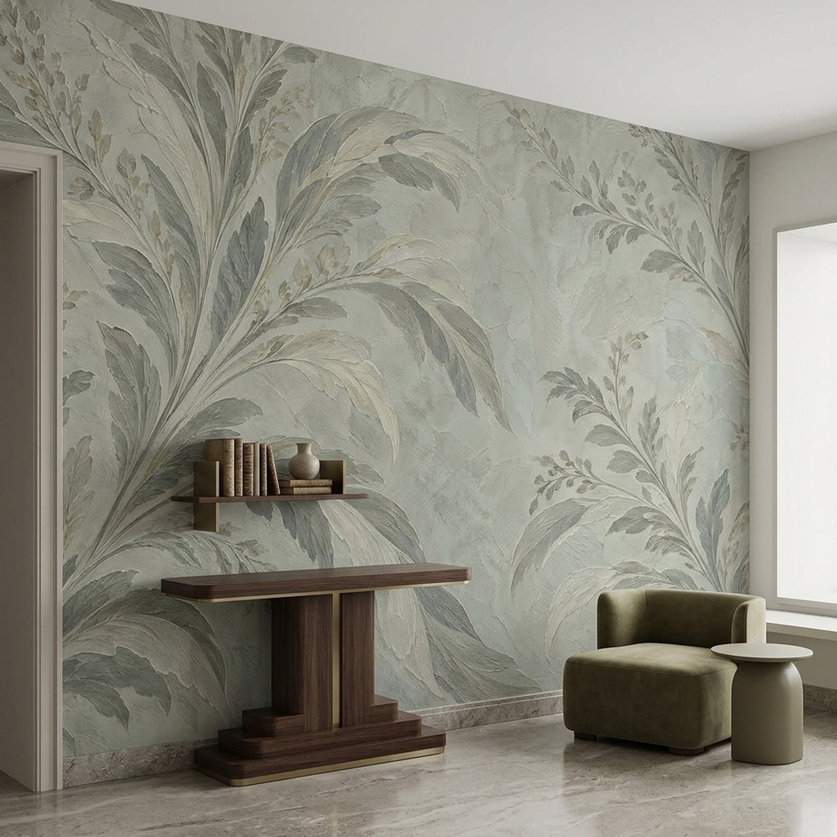 Botanical Leaf Branches Wallpaper Neutral Sage Wall Mural