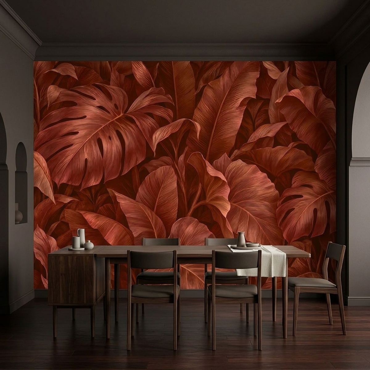 Monstera And Banana Leaves Wallpaper Warm Terracotta Wall Mural