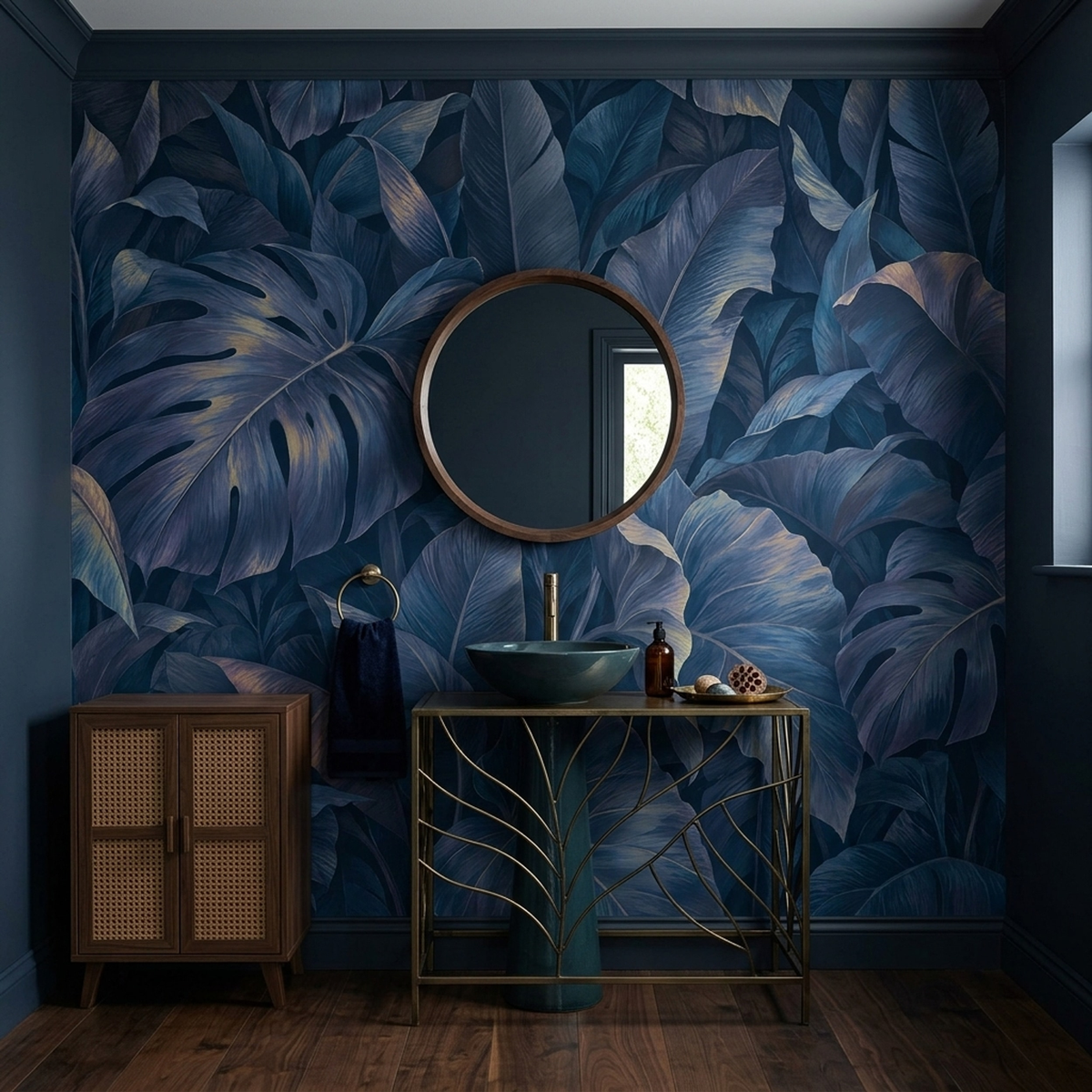 Midnight Blue Tropical Wall Mural with Oversized Monstera Leaves
