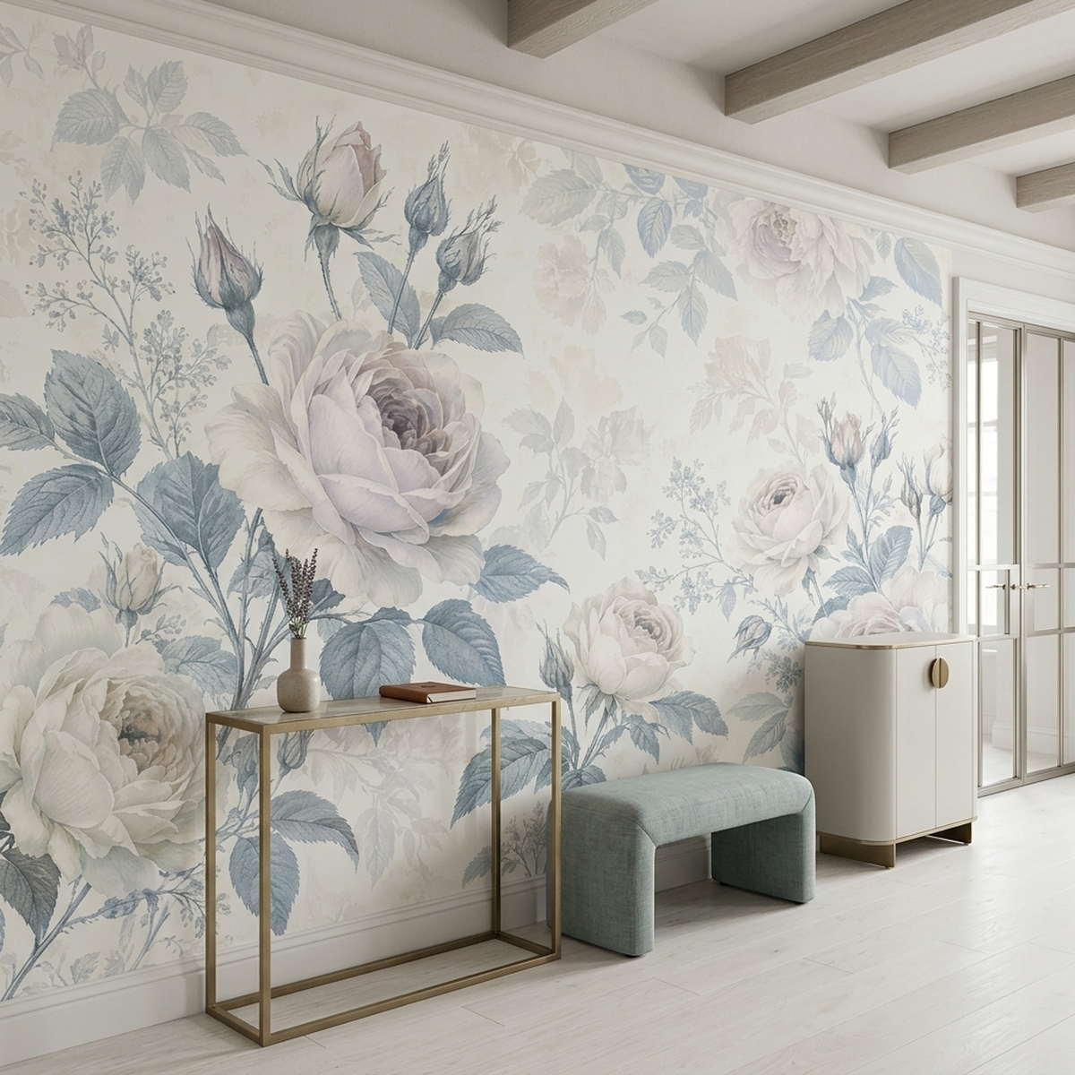 Vintage Ivory Rose Wall Mural with Dusty Blue Botanical Leaves