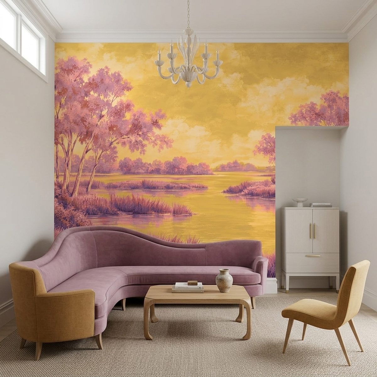 Pink Riverbank Trees Wallpaper Sunset Sky Wall Mural