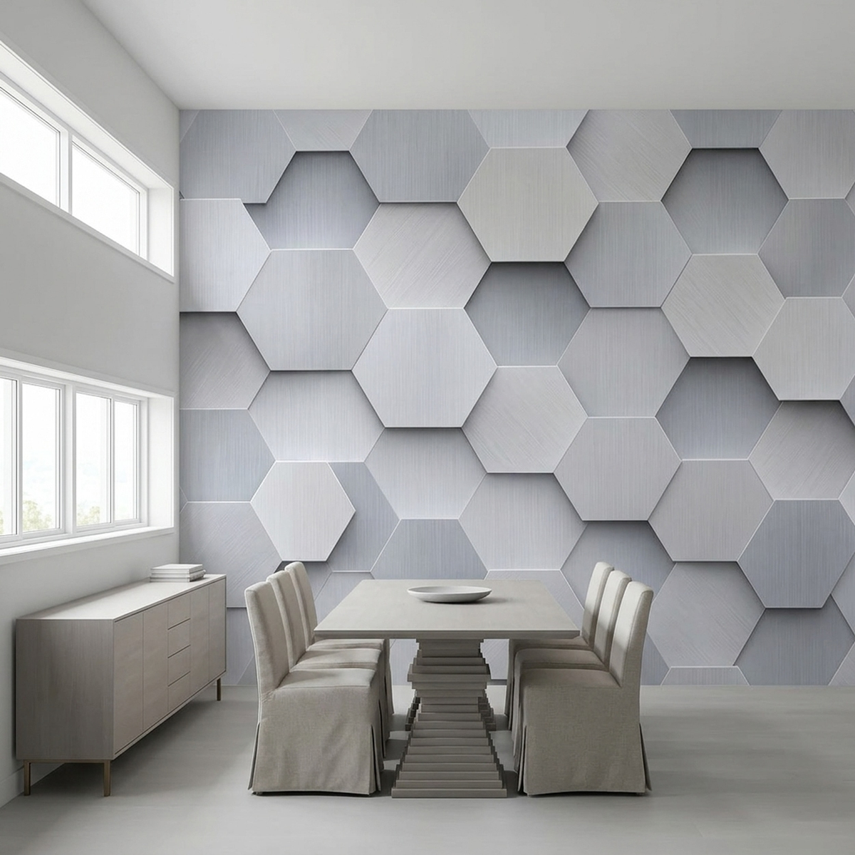 Embossed Hexagon Grid Wallpaper Brushed Silver Wall Mural