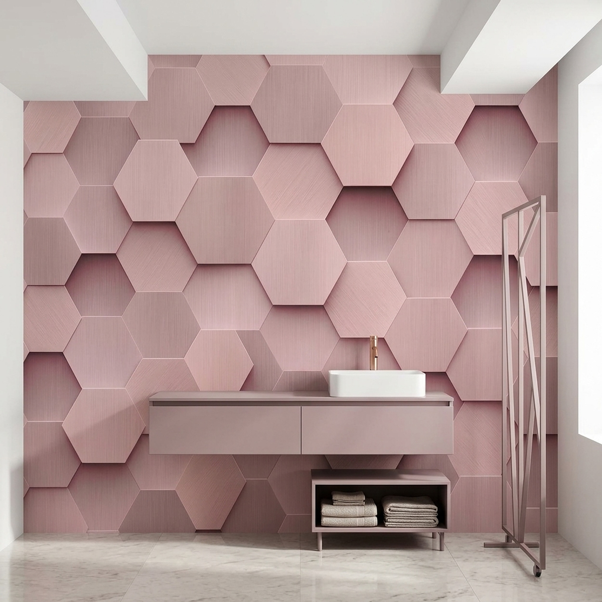 Blush Pink Hexagon Wall Mural with Layered 3D Effect