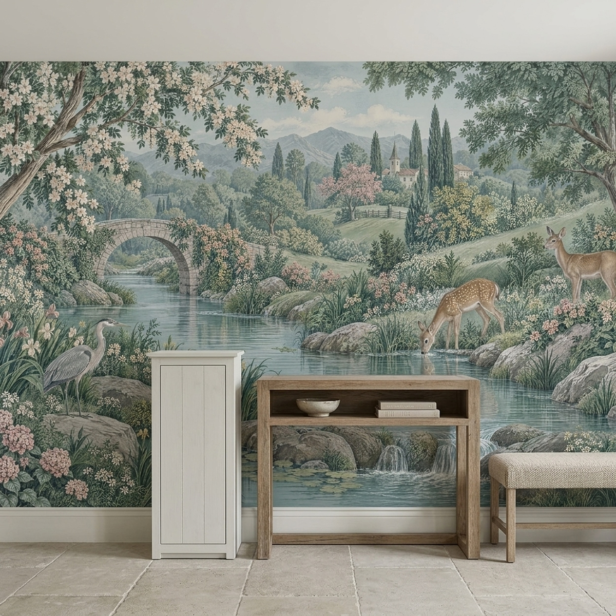 Pastoral River Bridge Wallpaper Chinoiserie Style Wall Mural