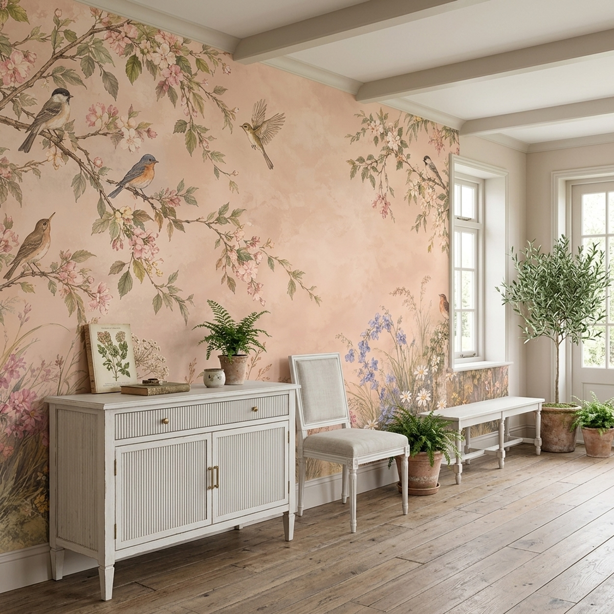 Songbirds On Blossom Branches Wallpaper Pastel Garden Wall Mural
