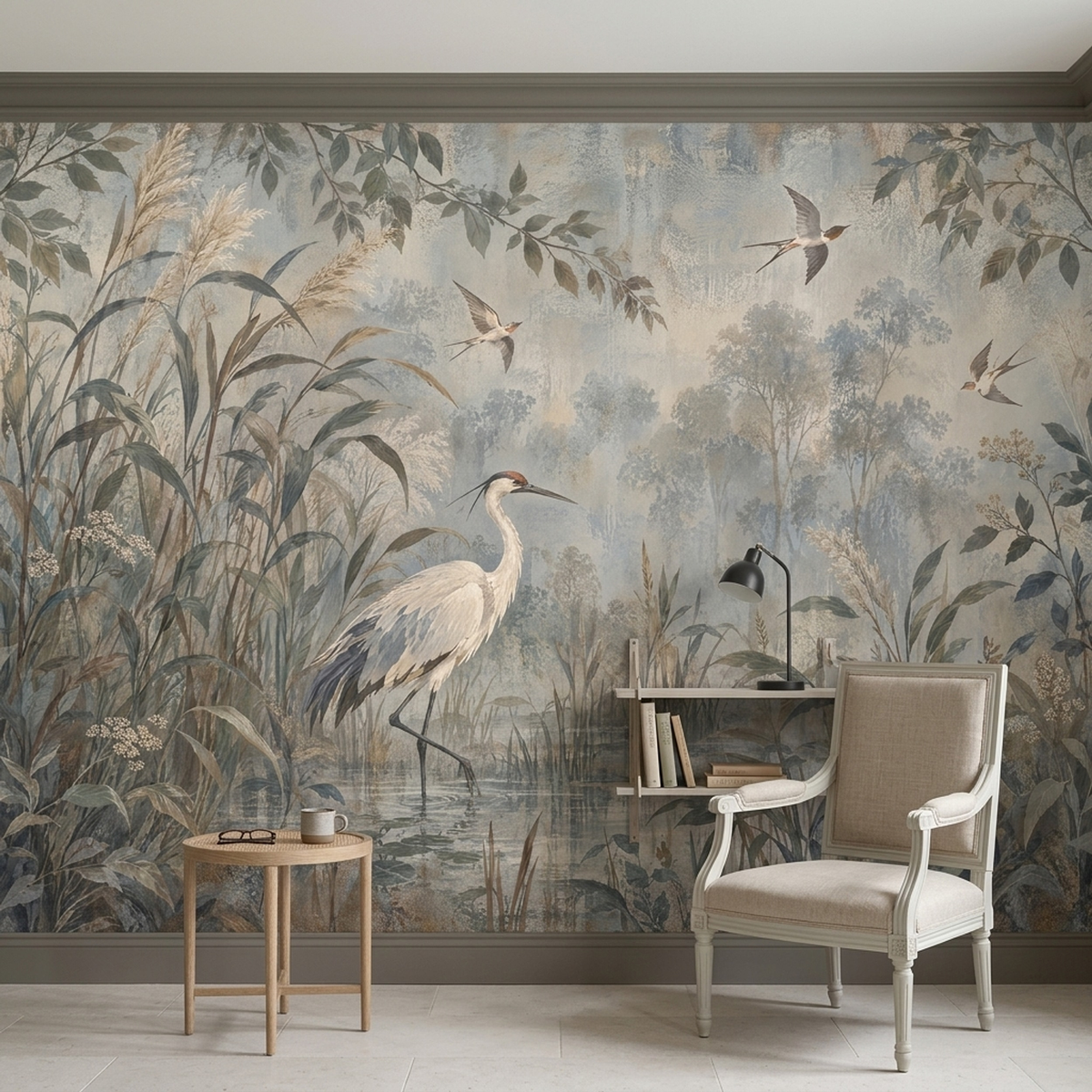 Heron In Marshland Wallpaper Watercolor Style Wall Mural