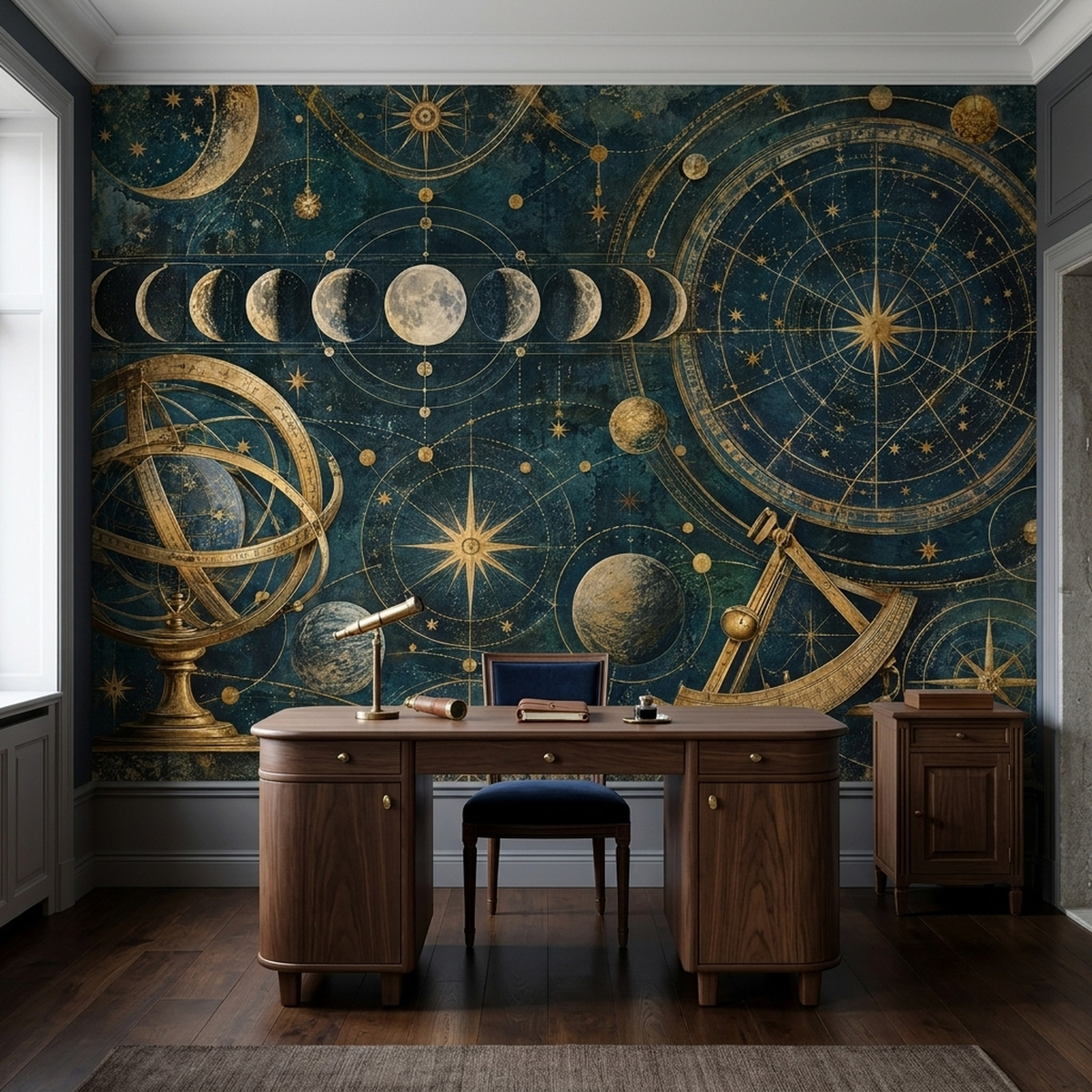 Antique Astronomy Moon Phases Wallpaper Navy Gold Wall Mural