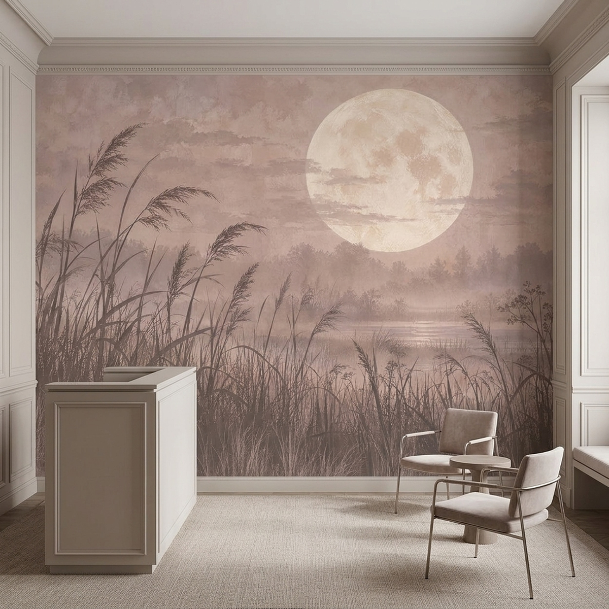 Full Moon Misty Wetland Wallpaper Watercolor Landscape Wall Mural