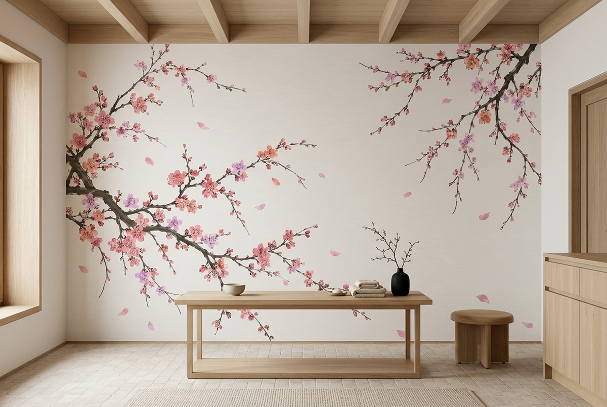 Cherry Blossom Branches Wallpaper Watercolor Botanical Wall Mural