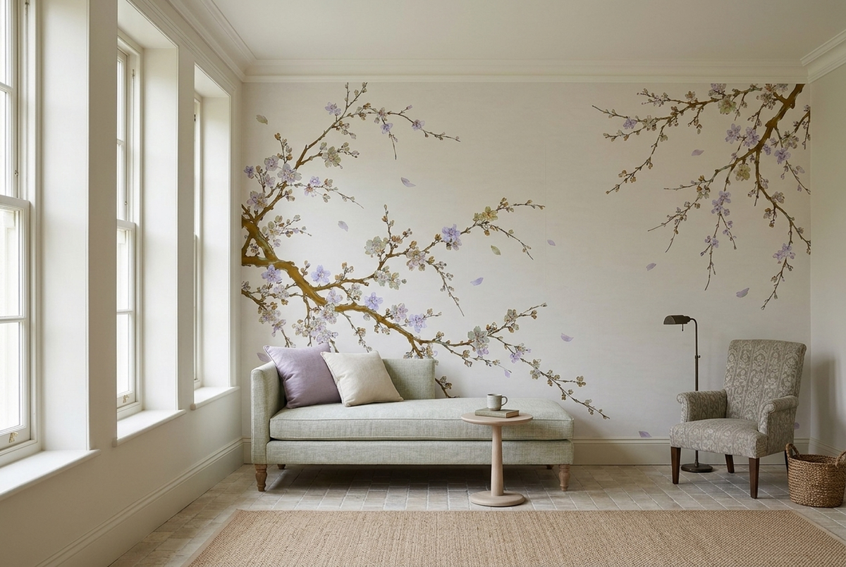 Delicate Blossom Branches Wallpaper Cream Background Wall Mural