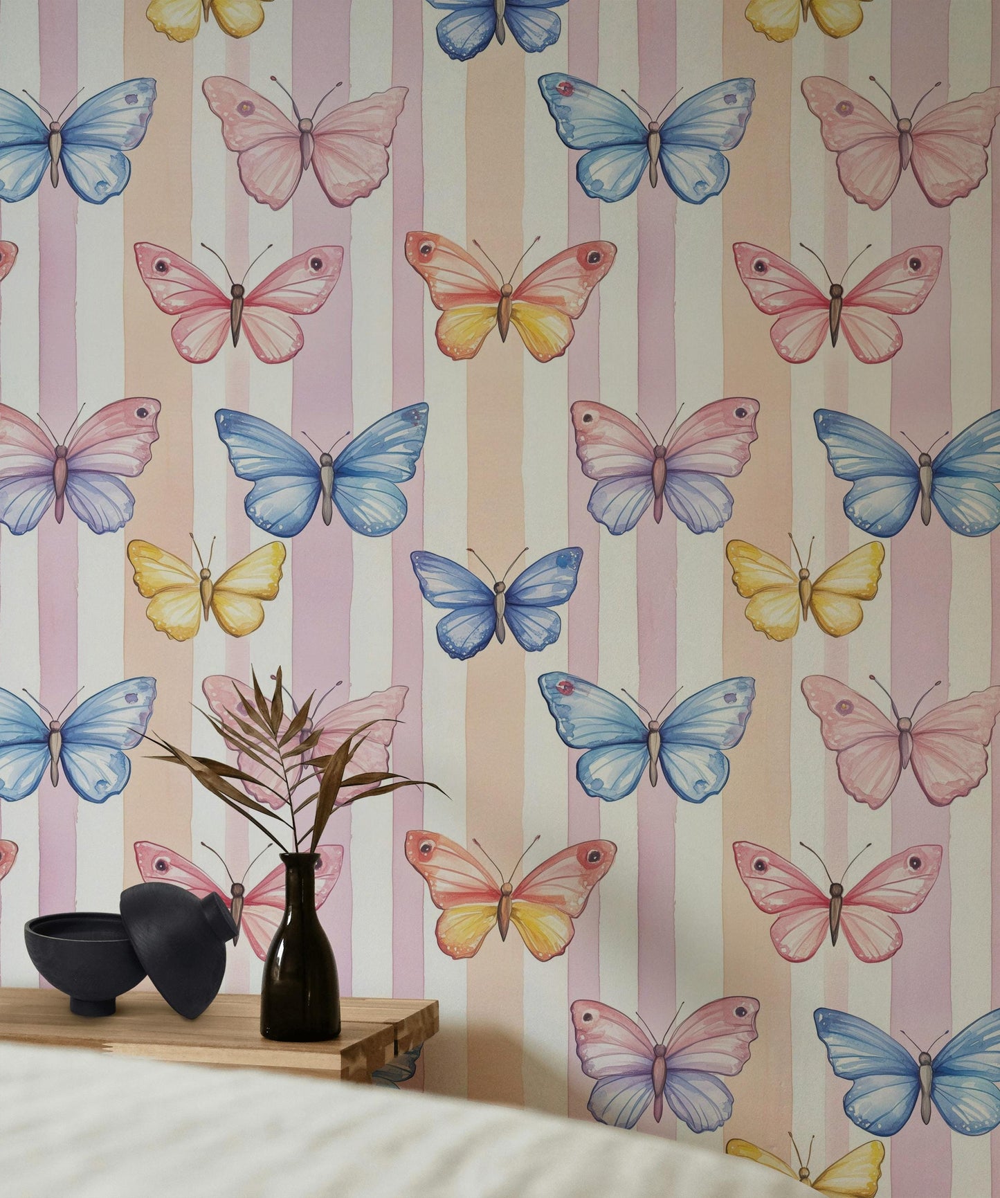 Watercolor Butterfly Wallpaper: Pastel Striped Peel and Stick Nursery Decor