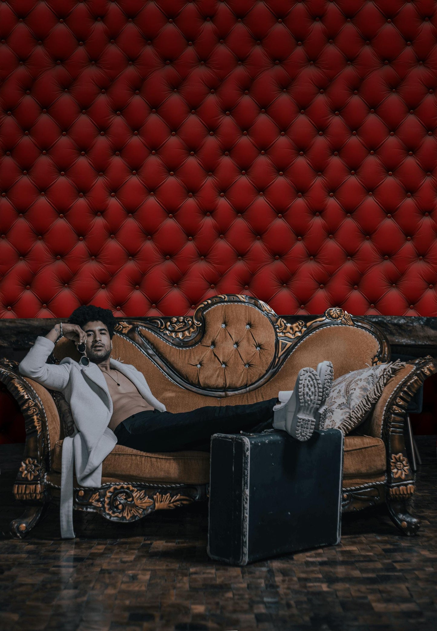 Red Tufted Texture Wallpaper, Chesterfield 3D Effect Vertical Panel, Peel & Stick or Unpasted Mural