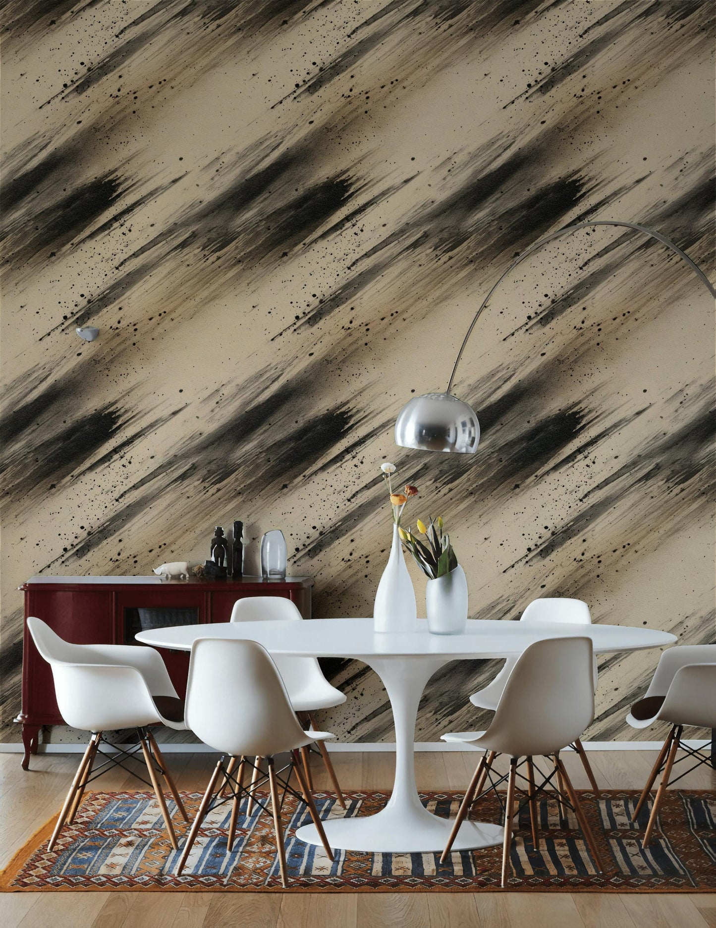 Abstract Ink Splatter Wallpaper: Black Beige Brushstrokes, Peel & Stick Mural