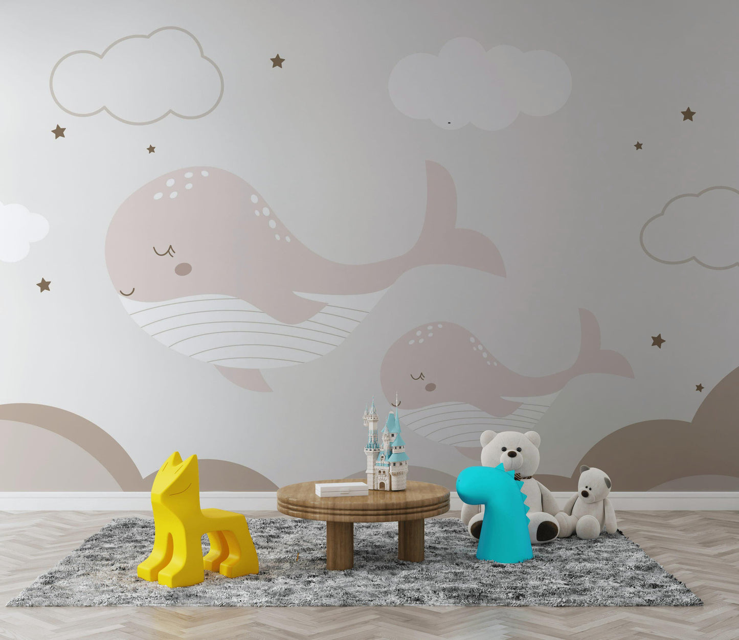 Boho Whale Nursery Wallpaper, Neutral Ocean Wall Mural, Minimalist Peel and Stick Baby Decor